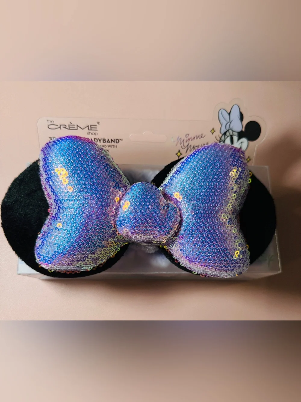 NWT The Crème Shop x Disney Minnie Mouse 3D Spa Headband Iridescent Sequin Bow